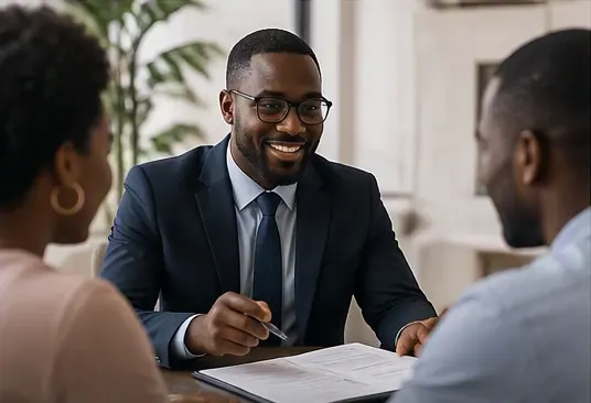Un conseiller accompagne un couple dans son projet